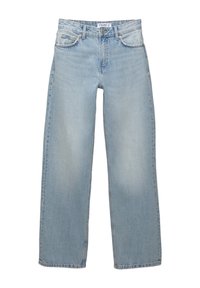 Jean en denim bleu clair avec une coupe à jambes larges, doté de poches avant, d'une fermeture à boutons et d'un léger effet délavé sur le tissu.