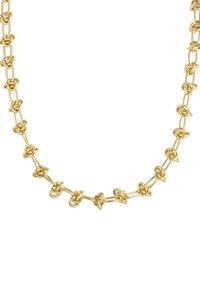 Zlata verižica s povezanimi vozli, gladka površina in enoten dizajn z dosledno rumeno barvo.