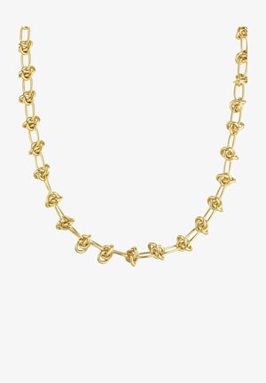 Kuldne kaelakee, millel on põimunud sõlmed, sile pind ning ühtlane disain, millel on ühtlane kollane toon.