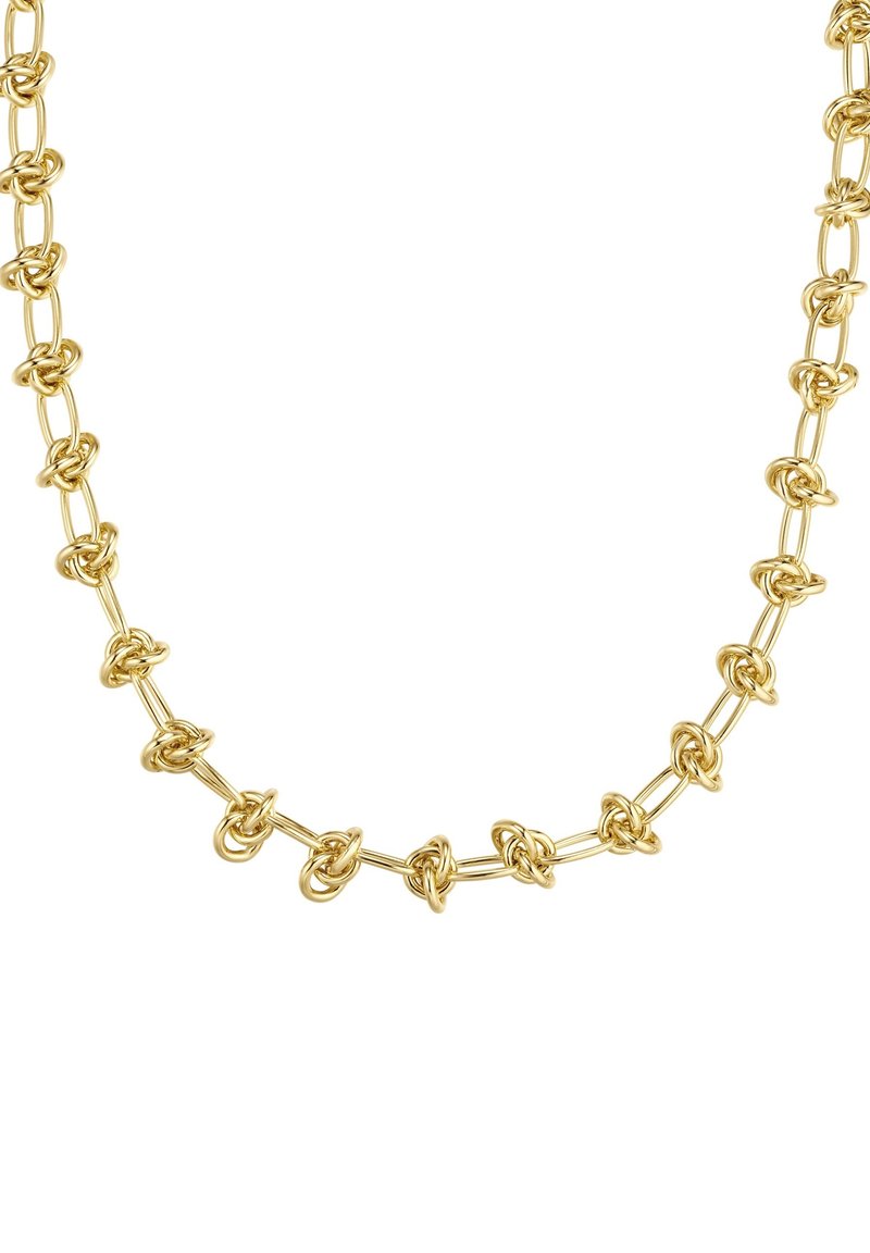 Zlata verižica s povezanimi vozli, gladka površina in enoten dizajn z dosledno rumeno barvo.