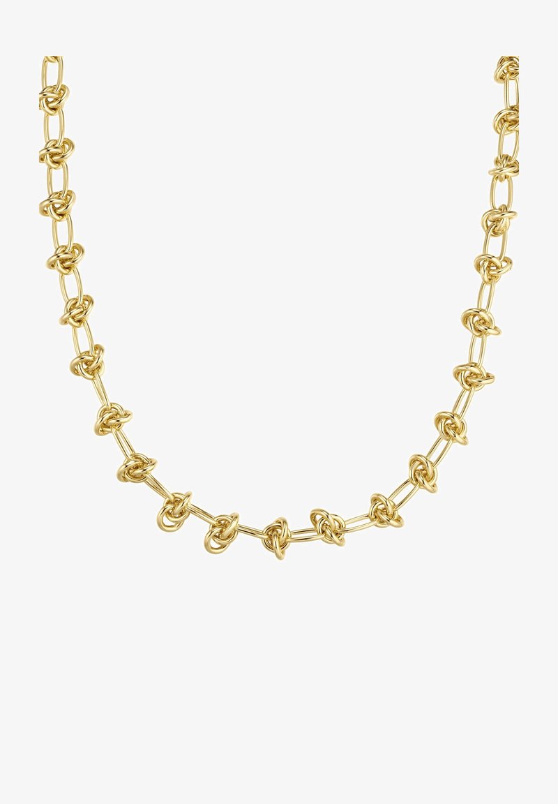 Zlata verižica s povezanimi vozli, gladka površina in enoten dizajn z dosledno rumeno barvo.