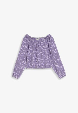 Lila langärmelige, schulterfreie, kurz geschnittene Bluse mit elastischem Ausschnitt, Bündchen und weißem abstraktem Punktmuster.