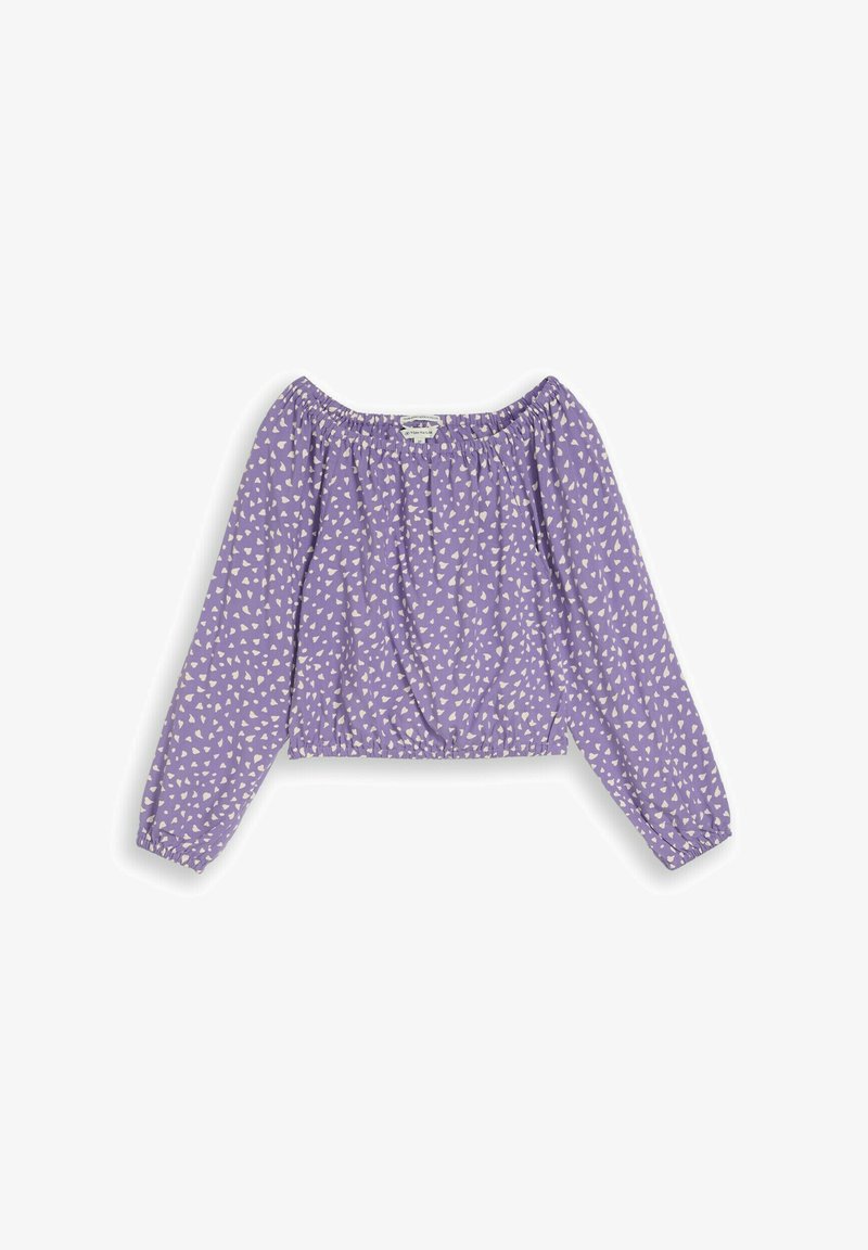 Blusa morada de manga larga, corta y con escote tipo off-shoulder con cuello elástico, puños elásticos y patrón de puntos abstractos blancos.