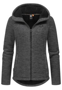 Sivá mikina na zips s fleecovou podšívkou, štruktúrovanou tkaninou, nastaviteľnou kapucňou a dvoma bočnými vreckami. Obsahuje logo na hrudi.