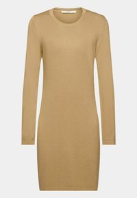 Robe beige en maille à manches longues, col rond et silhouette ajustée.