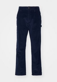 Pantaloni in corduroy blu navy con vestibilità dritta, caratterizzati da una texture a righe verticali e chiusura frontale con bottone.