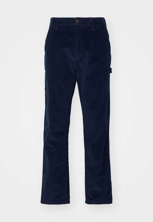 Navy corduroy trousers with a straight-leg fit, featuring vertical ribbed texture and a front button closure.