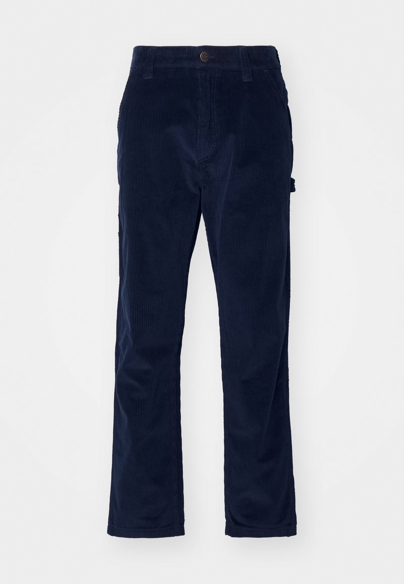 Pantalon en velours côtelé marine avec une coupe droite, présentant une texture à côtes verticales et une fermeture à bouton à l'avant.