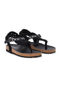Sorte sandaler med et vævet overdæk, tåpostdesign, justerbar strop med spænde og en platformsål med korktekstur.
