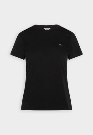 Svart bomull t-skjorte med kort erm, rund hals og en liten brodert logo på brystet. Jevn tekstur og klassisk passform.