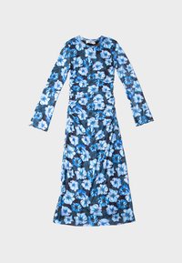 Cvetlična maksi obleka z dolgimi rokavi, prilegajočim se zgornjim delom in nabrano zasnovo. Material je mehak z modrimi cvetovi na temni podlagi.