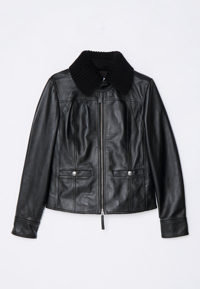 Black leather jacket with ribbed black collar, zip closure, two front pockets with snap buttons, and fitted silhouette. Smooth texture.