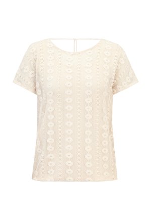 Kortærmet, cremede top med tekstureret blonderemønster, der har en rund halsudskæring og åben ryg med bindebånd.