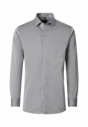 Light grey men's long-sleeve dress shirt with pointed collar, button front, and a chest pocket on the left side.
