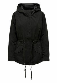 Černá kapucňová bunda vyrobená z hladké, matné látky. Obsahuje stáhnutelný pas, dvě přední kapsy a plný zip.