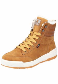 Braune Leder-High-Top-Sneaker mit gelben Schnürsenkeln, weißer Zwischensohle und strukturiertem Gummiaußensohle. Fleecefutter am Knöchel.