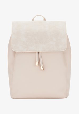 Rucsac bej cu un design neted și structurat. Dispune de un capac rotunjit, închidere cu șnur și accesorii din metal cu finisaj auriu, precum și un material superior texturat.