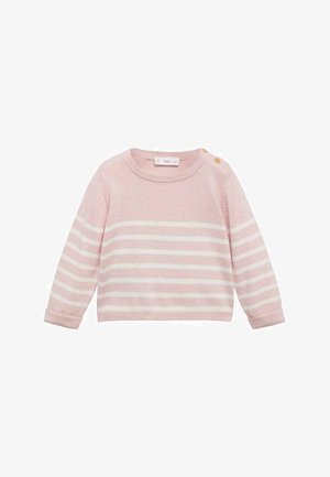 Light pink sweater with white stripes, long sleeves, round neckline, and side button detail. Made of soft knit material.