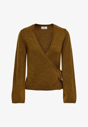 Pull portefeuille dans une teinte marron chaude, doté d'un col en V, de manches longues et d'un détail noué à la taille. Texture tricotée avec une finition douce.