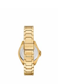 Reloj de metal en tono dorado que presenta una pulsera de eslabones y un cierre, con una caja redonda y un fondo texturizado. Marcado con "MICHAEL KORS."