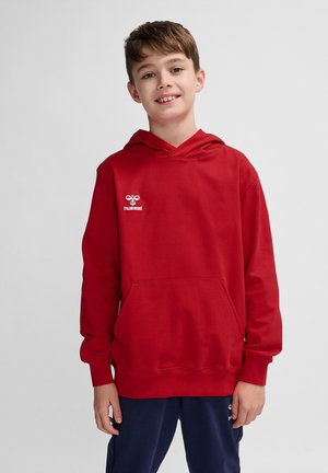Rode hoodie met een kangoeroezak, verstelbare trekkoordcapuchon en witte "hummel" logo op de linkerborst. Zacht materiaal en relaxte pasvorm.