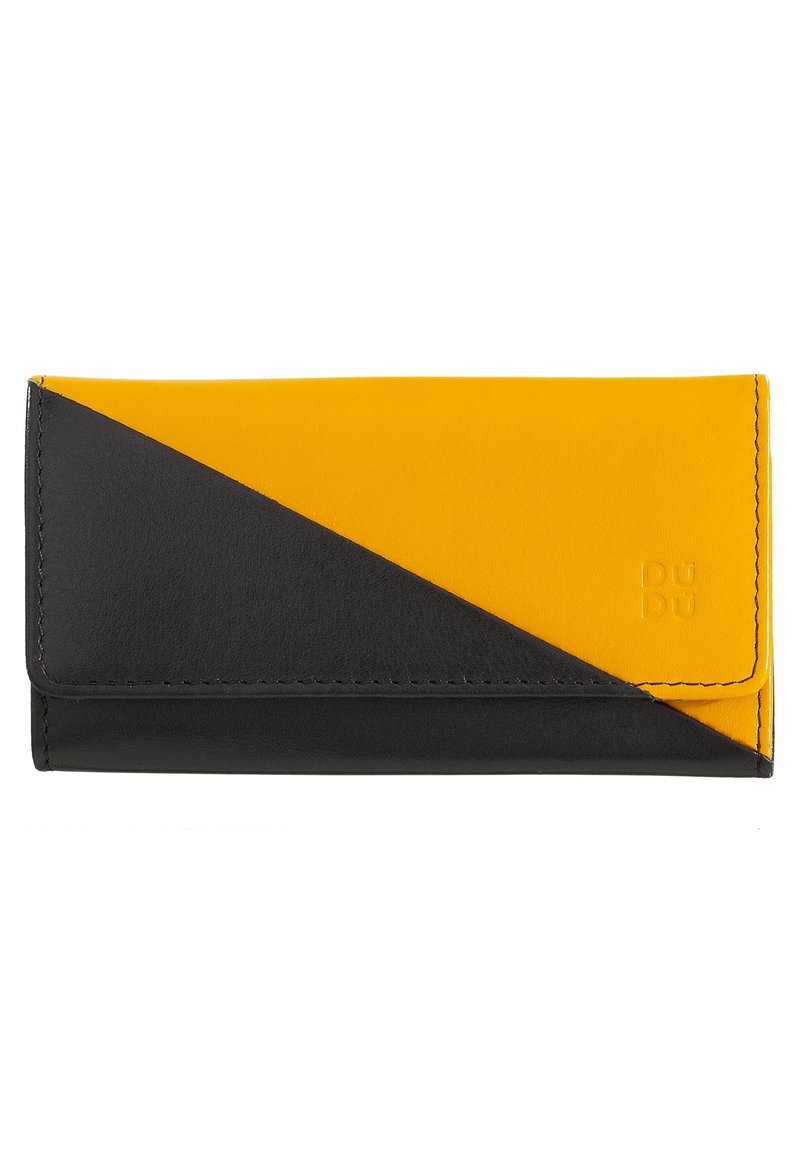 Portefeuille bicolore avec un extérieur en cuir jaune et noir. Présente un design géométrique avec une texture lisse et des bords cousus.