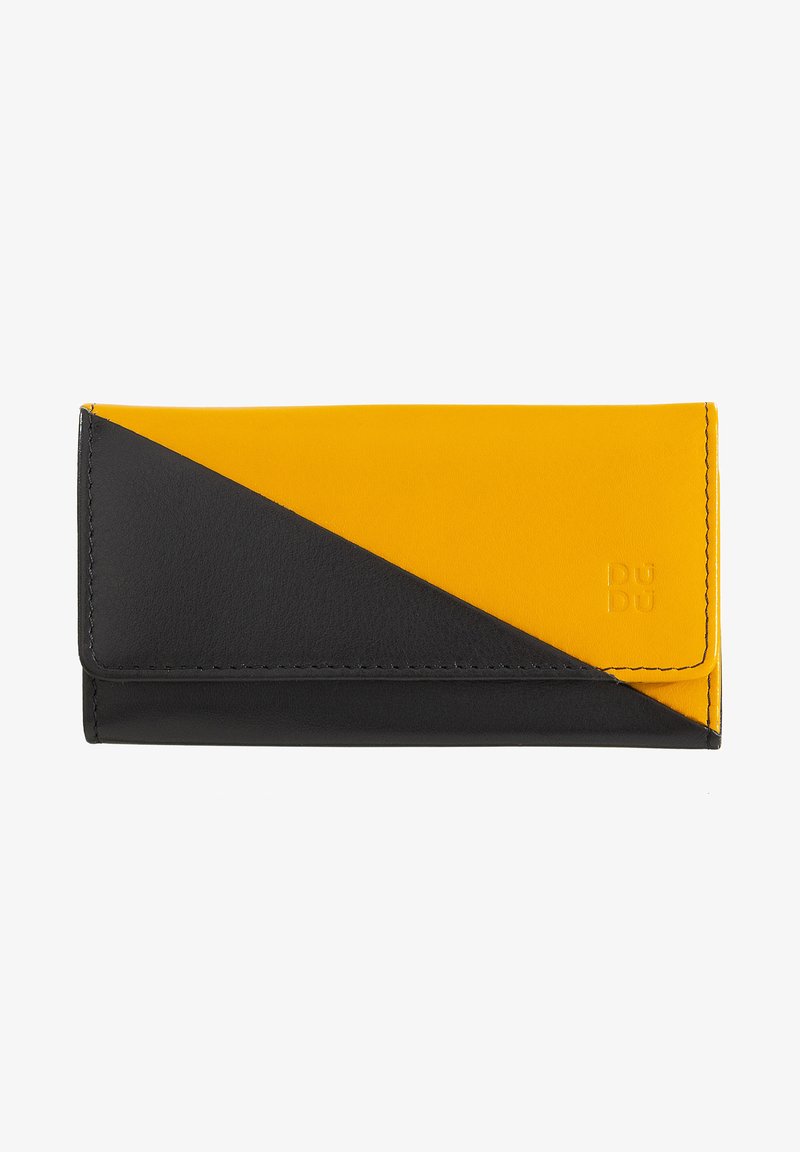 Bi-color wallet with a yellow and black leather exterior. Features a geometric design with a smooth texture and stitched edges.
