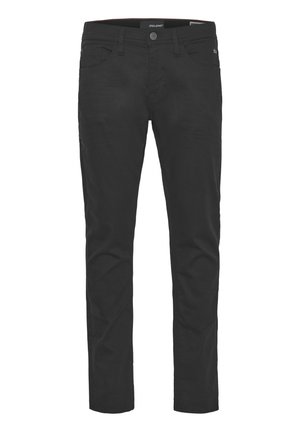 Fekete pamutkeverék nadrág slim fit szabásban, öt zsebbel, elülső gombbal és cipzáras záródással, diszkrét varrási részletekkel.