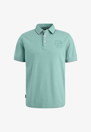 Light green polo shirt made of cotton, featuring a two-button placket, embroidered logo on the chest, and contrasting collar and sleeve trim.