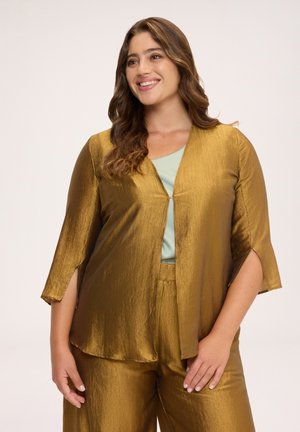 Lächelnde Frau mit welligem braunem Haar, die eine glänzende goldene Jacke und passende Hosen über einem hellgrünen Top vor einfarbigem Hintergrund trägt.