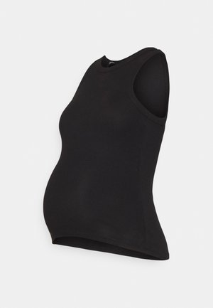 Top de maternidade preto em tecido canelado, com um design ajustado e sem mangas, apresentando uma textura suave e um decote redondo.