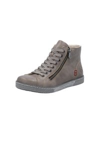 Gray high-top sneaker made of leather with textured surface, featuring a side zip, round laces, and a rubber sole with a dotted pattern.