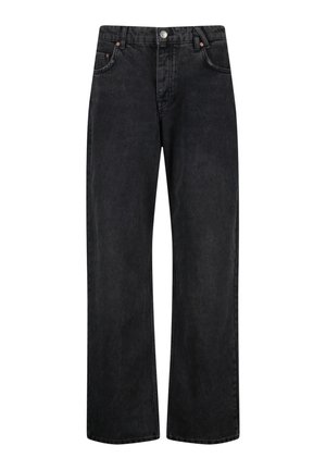 Schwarze Schlagjeans aus Denim, mit einem klassischen Fünf-Taschen-Design, kupferfarbenen Beschlägen und einer sauberen Verarbeitung ohne Verzierungen.