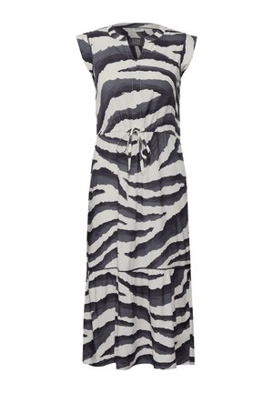 Kleid knielang mit V-Ausschnitt, kurzen Kap Sleeves und einem Taillengürtel. Verfügt über ein schwarz-weißes Zebra-Streifen-Muster. Leichter Stoff.