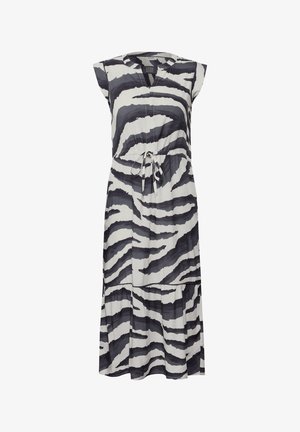 Kleid knielang mit V-Ausschnitt, kurzen Kap Sleeves und einem Taillengürtel. Verfügt über ein schwarz-weißes Zebra-Streifen-Muster. Leichter Stoff.