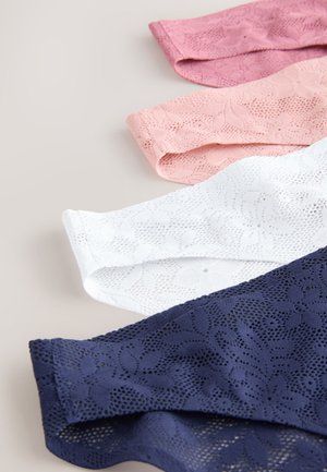 Vier kanten mouwen in roze, lichtroze, wit en marineblauw, met bloemmotieven en een zachte, textuurrijke afwerking.