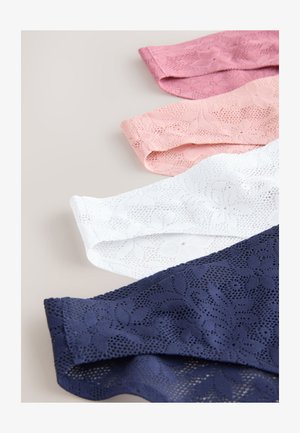 Vier kanten mouwen in roze, lichtroze, wit en marineblauw, met bloemmotieven en een zachte, textuurrijke afwerking.