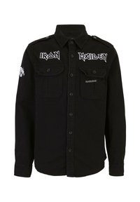 Fekete, hosszú ujjú pamut ing gombos záródással, két mellzsebbel, fehér "Iron Maiden" logóval és vállpántokkal.