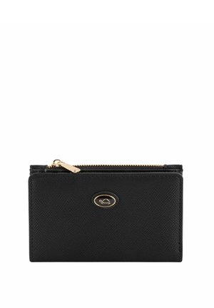 Billetera texturizada negra con un zipper dorado, logo ovalado en el centro y un diseño compacto adecuado para tarjetas y efectivo.