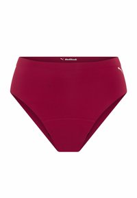 Sous-vêtements taille haute sans coutures de couleur bordeaux avec les logos Puma et Modibodi sur la ceinture, conçus pour le confort et le soutien.