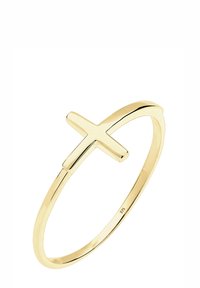 Goldener Ring mit glattem Band und auffälligem Kreuzdesign oben. Material mit "375" gekennzeichnet, was auf Goldreinheit hinweist.