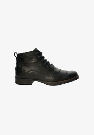 Bottine en cuir noir à lacets, bout rond, avec des coutures décoratives et une petite languette à l'arrière. Semelle en caoutchouc avec un léger talon.
