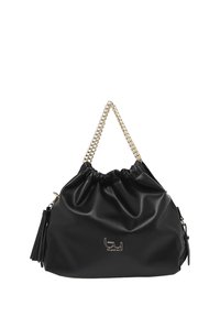 Borsa a mano in ecopelle nera con parte superiore arricciata, manico in catena dorata, dettaglio con nappina e logo sulla parte anteriore. Texture liscia.