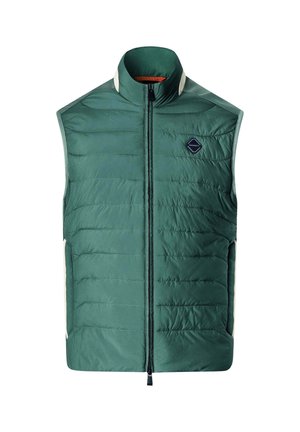 Zielona pikowana kamizelka bez rękawów z wysokim kołnierzem, przednim zamkiem błyskawicznym oraz małą czarną naszywką z logo na lewej piersi.