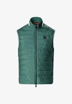Zielona pikowana kamizelka bez rękawów z wysokim kołnierzem, przednim zamkiem błyskawicznym oraz małą czarną naszywką z logo na lewej piersi.