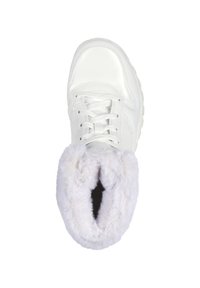 White leather sneaker with a rounded toe, padded white faux fur collar, and white laces. Thick rubber sole with a textured pattern.