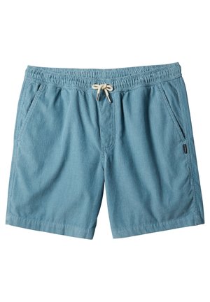 Light blue shorts with a ribbed texture, elastic waistband, adjustable drawstring, and side pockets. Features subtle logo label on side.