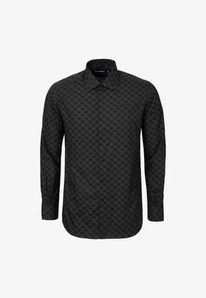 Sort, langærmet skjorte med knapper foran, med et subtilt geometrisk gentaget mønster og klassisk krave, vist mod en hvid baggrund.