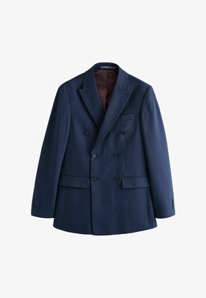 Navy double-breasted blazer with a notched lapel, structured shoulders, and black buttons. Features two front pockets and a burgundy lining.
