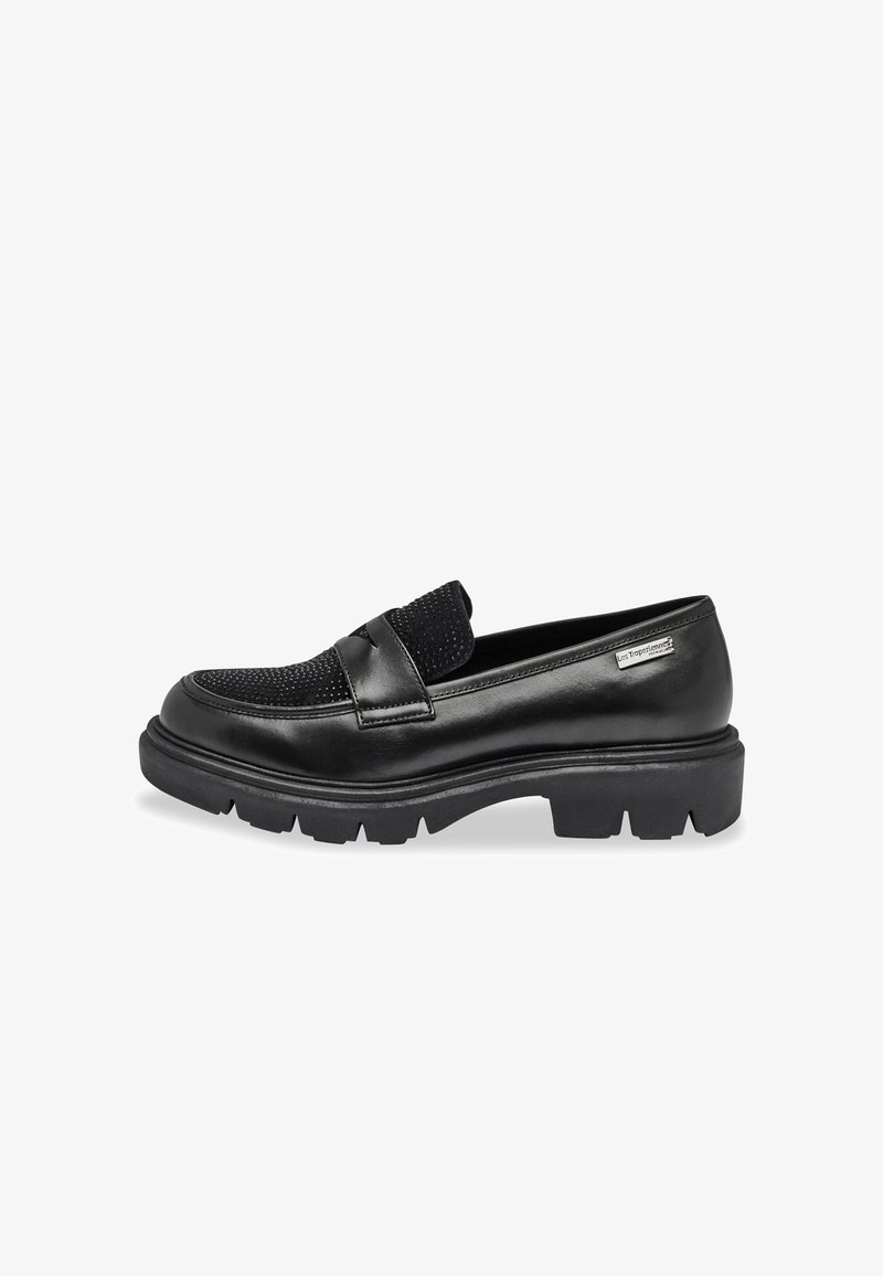 Mocassins noirs en daim texturé et cuir lisse, avec une semelle épaisse et robuste et un design à enfiler.